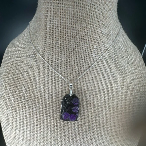 Arch Shaped Deer and Flowers Sugilite Pendant on Sterling Silver Box Chain - Picture 6 of 16